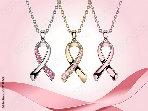 Elegant Pink Ribbon Breast Cancer Awareness Necklaces .