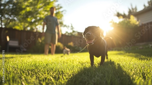 Happy Black Labradoodle Walking in Sunny Green Backyard