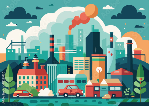 City air pollution. Smog pollutants, suffocation environment 