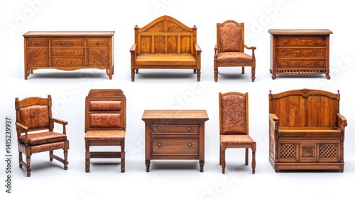 Miniature Wooden Furniture Collection Intricate Carvings and Brown Tones