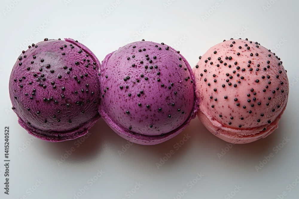 Three scoops of purple and pink ice cream adorned with small black sprinkles
