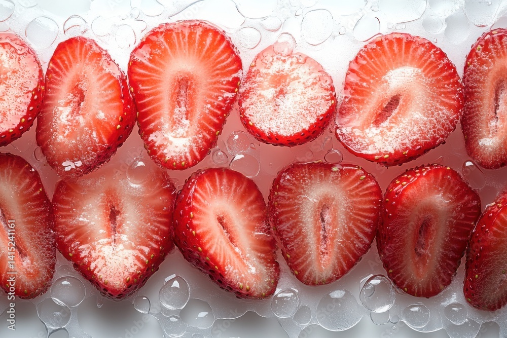 Fresh sliced strawberries arranged on a textured surface with water droplets overhead