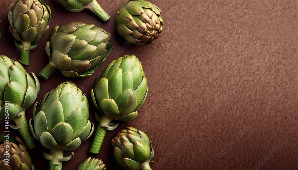 Fototapeta premium artichoke scattered on bright background with space for text top view