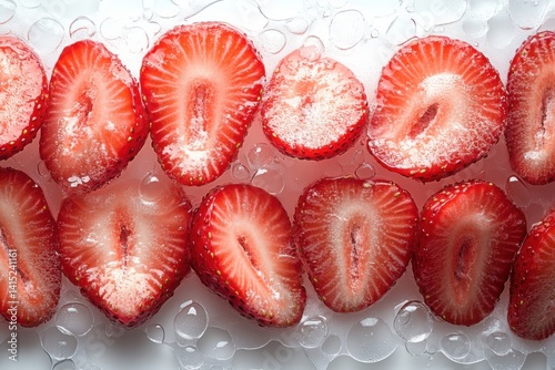 Obraz na płótnie Fresh sliced strawberries arranged on a textured surface with water droplets overhead w salonie