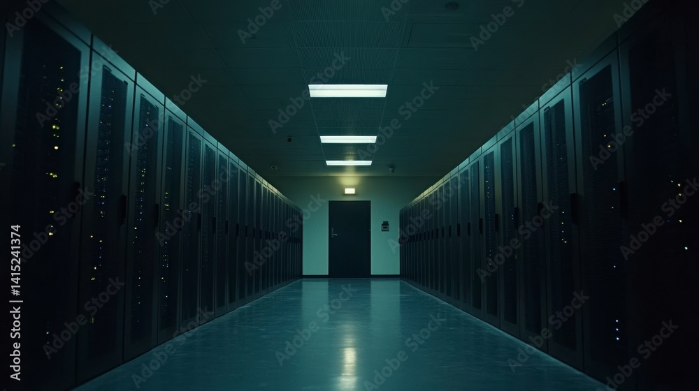 Fototapeta premium Dark server room corridor with rows of black servers and a door at the end, illuminated by fluorescent lights.