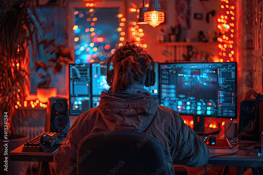 futuristic gaming lounge with neon lights and sleek gaming stations