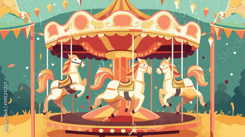 Enchanting Merry-Go-Round with Beautiful Horses Vector Illustration