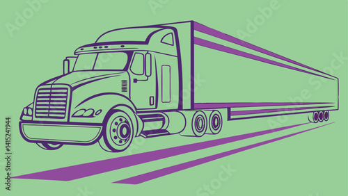 Violet Semi Truck on Light Green Background Line Art Style