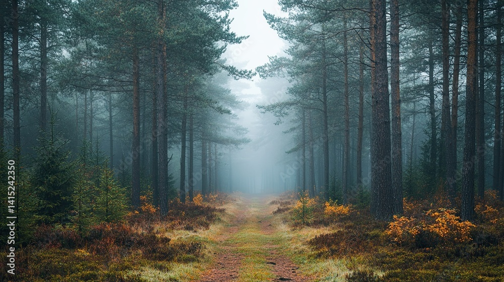 Misty Forest Landscape with Pine Trees and Foliage, Capturing the Beauty and Calm of a Woodland Setting --