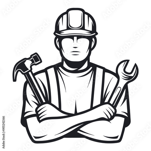 Bold Builder Logo Construction Worker Holding Hammer & Wrench in Art