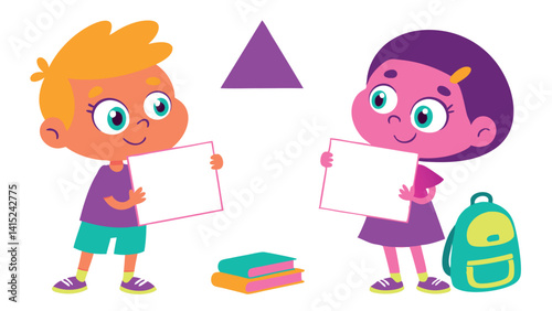 Cartoon Children Holding Blank Signs with Backpack, Triangle, and Books on White
