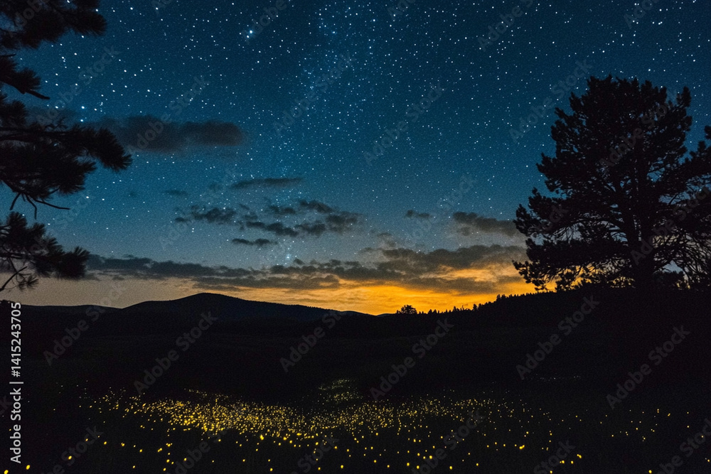 Naklejka premium Night Sky Filled with Glowing Fireflies and Stars