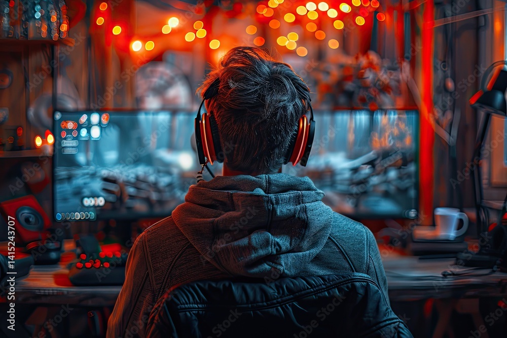 futuristic gaming lounge with neon lights and sleek gaming stations