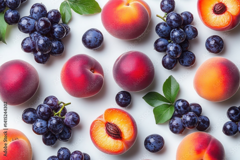 Freshly picked fruit assortment including peaches grapes and plums arranged together