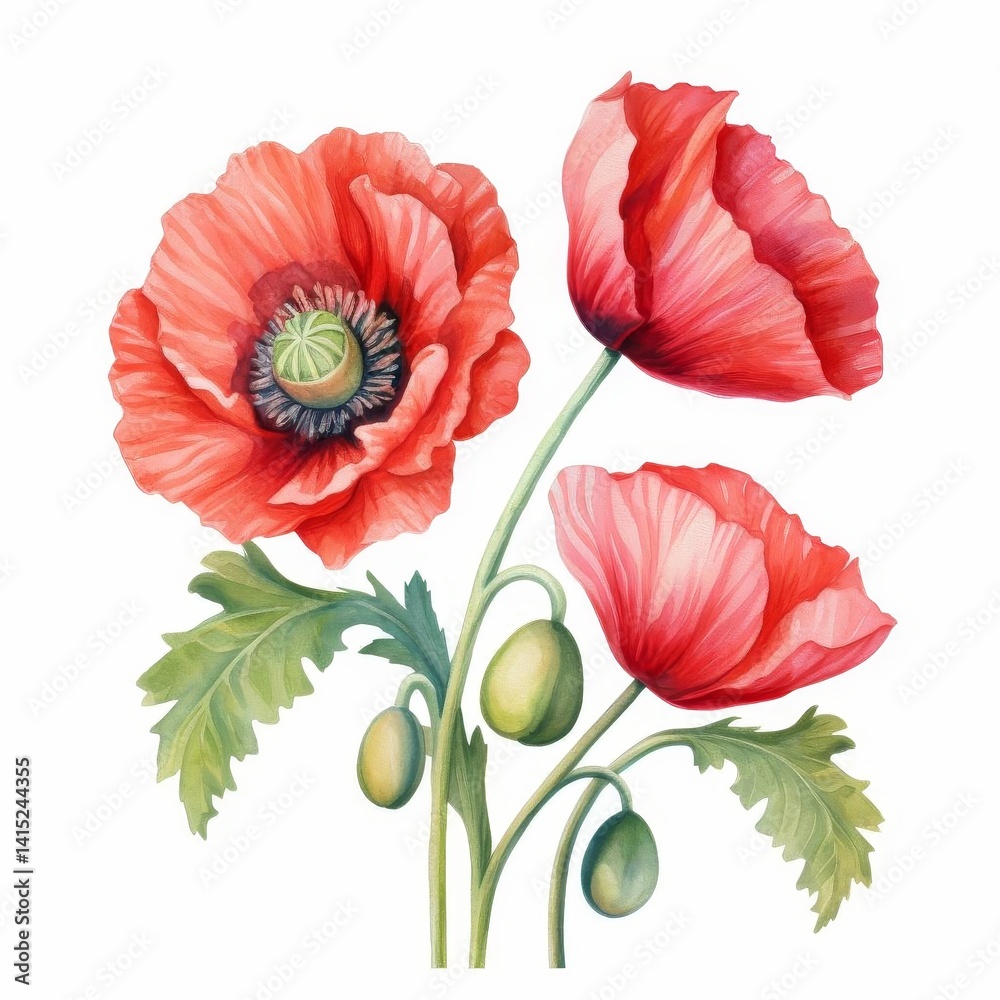 Obraz premium a watercolor illustration of Poppyclip art, isolated on white background Flower Floral Water Color White Background