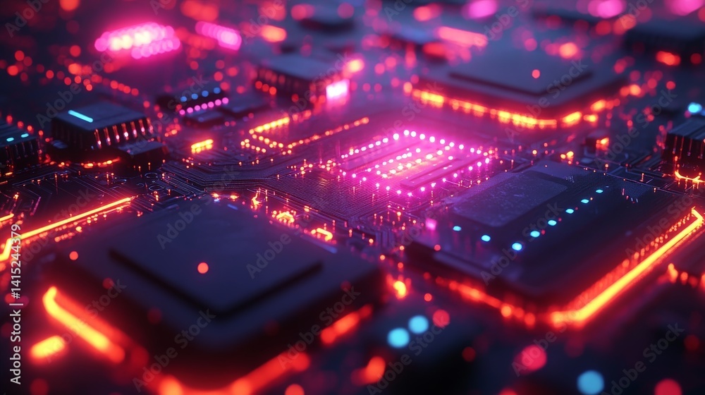 Glowing Circuit Board with Neon Connections and Digital Data Flow Glowing Circuit Board with Neon Connections and Digital Data Flow