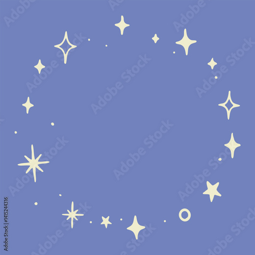 Cosmic round frame with stars and spark shines. Mystical and celestial. Vector illustration aesthetic design.