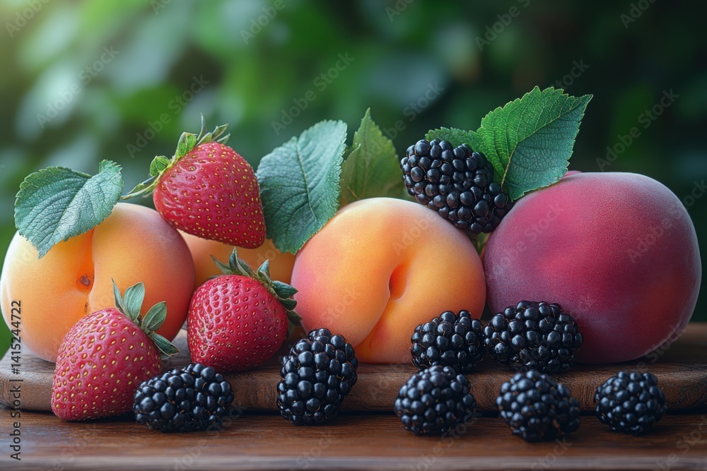 Fresh summer fruit assortment with strawberries blackberries apricots and peaches