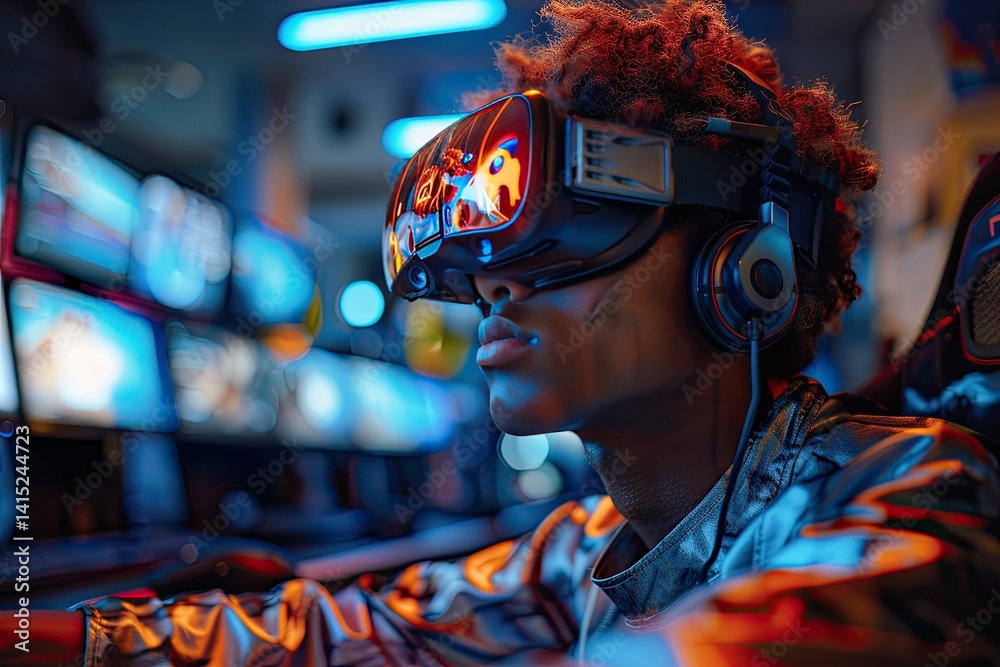futuristic gaming lounge with neon lights and sleek gaming stations