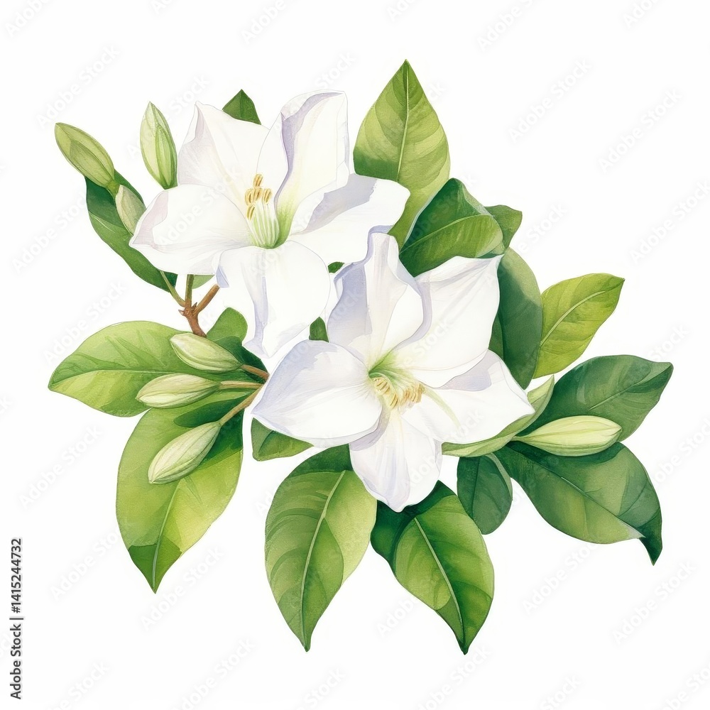 Obraz premium a watercolor illustration of Jasmineclip art, isolated on white background Flower Floral Water Color White Background