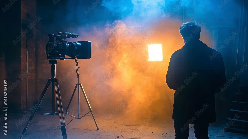 Fototapeta premium Filmmaking scene in a dark, smoky warehouse. A man stands before a bright light, a camera on a tripod in the foreground.
