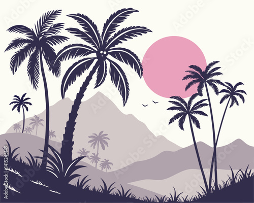 Very Peri Tropical Sunrise Silhouette Vector – Palm Trees, Pink Sun & Mountain Landscape Illustration 