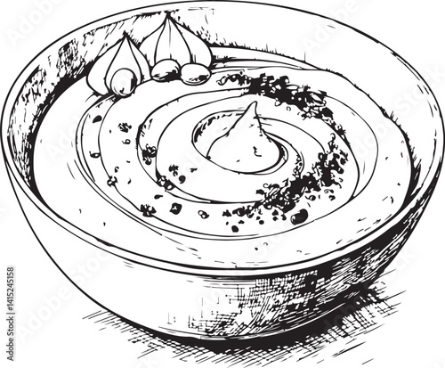 Hummus Bowl, Porridge, Dip Black and White Vector Illustration, Sketch Drawing Line Linear Symbol Icon Engraving, Hand-drawn Isolated