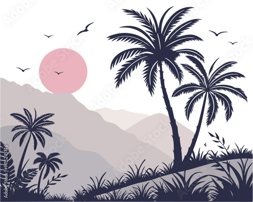 Very Peri Tropical Sunrise Silhouette Vector – Palm Trees, Pink Sun & Mountain Landscape Illustration 