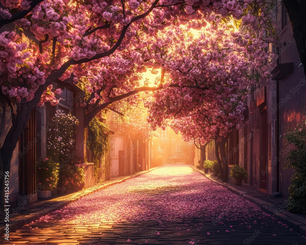 Fototapeta premium Forest path blossom trees tranquil golden light