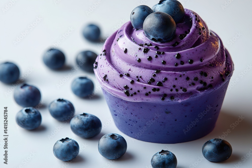 Whimsical blueberry cupcake with purple frosting and fresh blueberries on top
