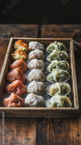 Steamed dumplings, a popular street food, are beautifully arranged on a wooden tray, ready to be enjoyed at a vibrant summer market, offering a delightful urban picnic experience