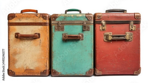 Three Vintage Suitcases Beige, Teal, and Red on White Background
