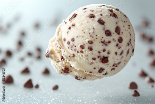Delicious scoop of vanilla ice cream filled with chocolate chips on a light background