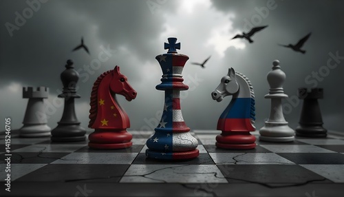 chess board with chess pieces. The flags of America, Russia and China on a chess piece, depicting the competition between the three countries in terms of economy, trade and technology.