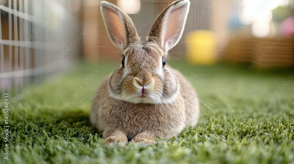 Obraz premium Charming Brown Rabbit Resting on Green Grass in Sunny Environment