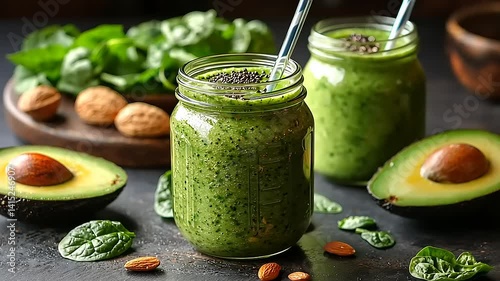 Healthy green smoothies with spinach, avocado, and almonds.