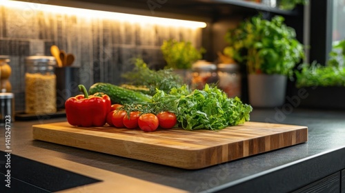 Vibrant Red Bell Pepper and Fresh Vegetables on Wooden Board
