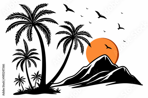 Very Peri Tropical Sunrise Silhouette Vector – Palm Trees, Orange Sun & Mountain Landscape Illustration 