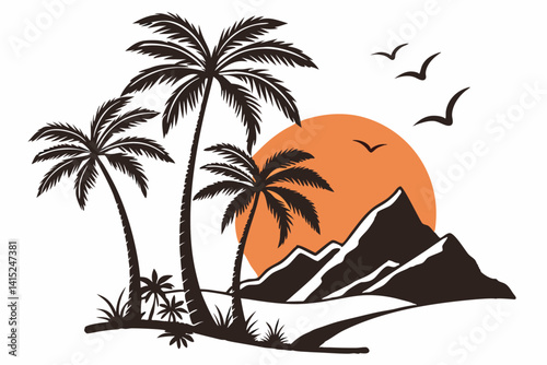Very Peri Tropical Sunrise Silhouette Vector – Palm Trees, Orange Sun & Mountain Landscape Illustration 