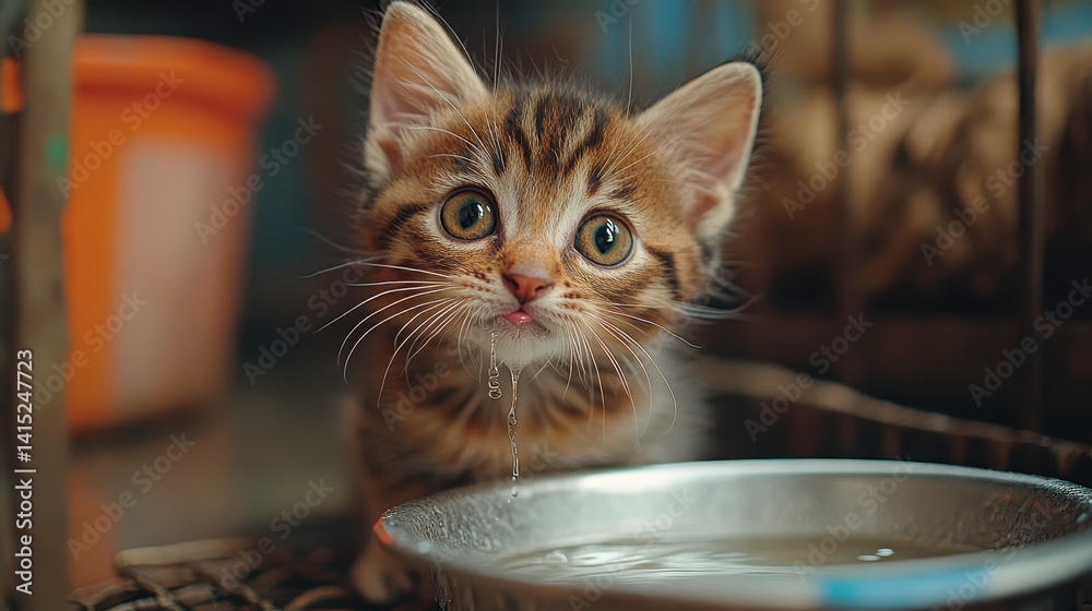 Cute tabby kitten drinking water with adorable expression close-up