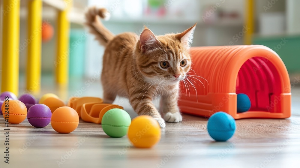 Playful Ginger Cat Exploring Colorful Balls in Indoor Environment