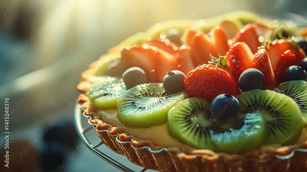 Fresh fruit tart in sunlight