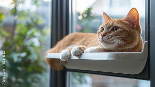 Obraz na płótnie Relaxing Orange Cat Enjoys Sunlight on Windowsill in Cozy Home w salonie