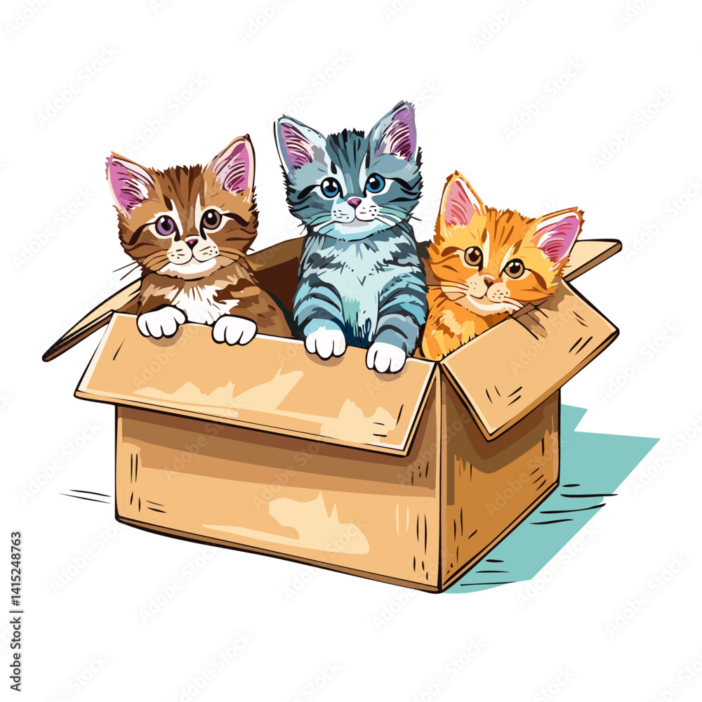 three Playful kittens peeking out from hand-drawn boxes in a charming vector graphic design