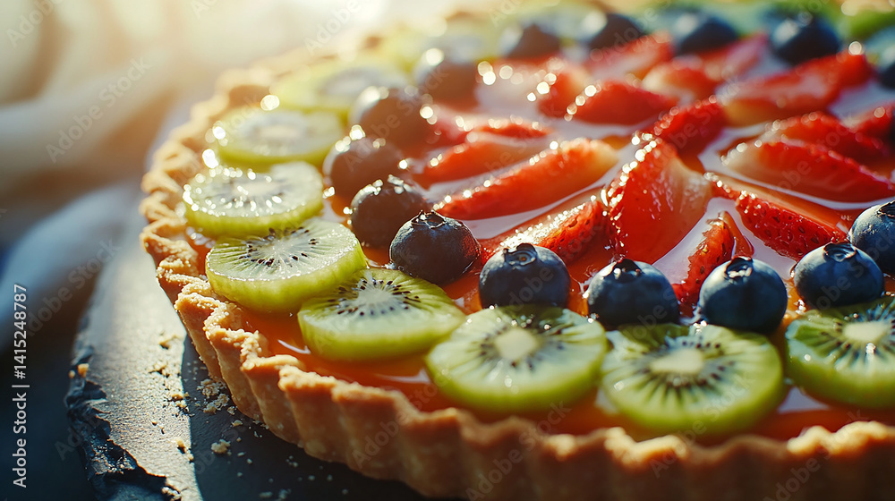 Fresh fruit tart in sunlight