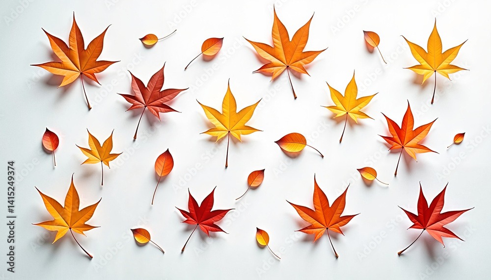 Autumn leaves scattered on white background top-down view
Autumn leaves scattered on white background top-down view