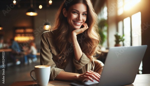 young woman working on laptop in cafe smiling while drinking coffee, business student using computer in restaurant, internet work and study scene