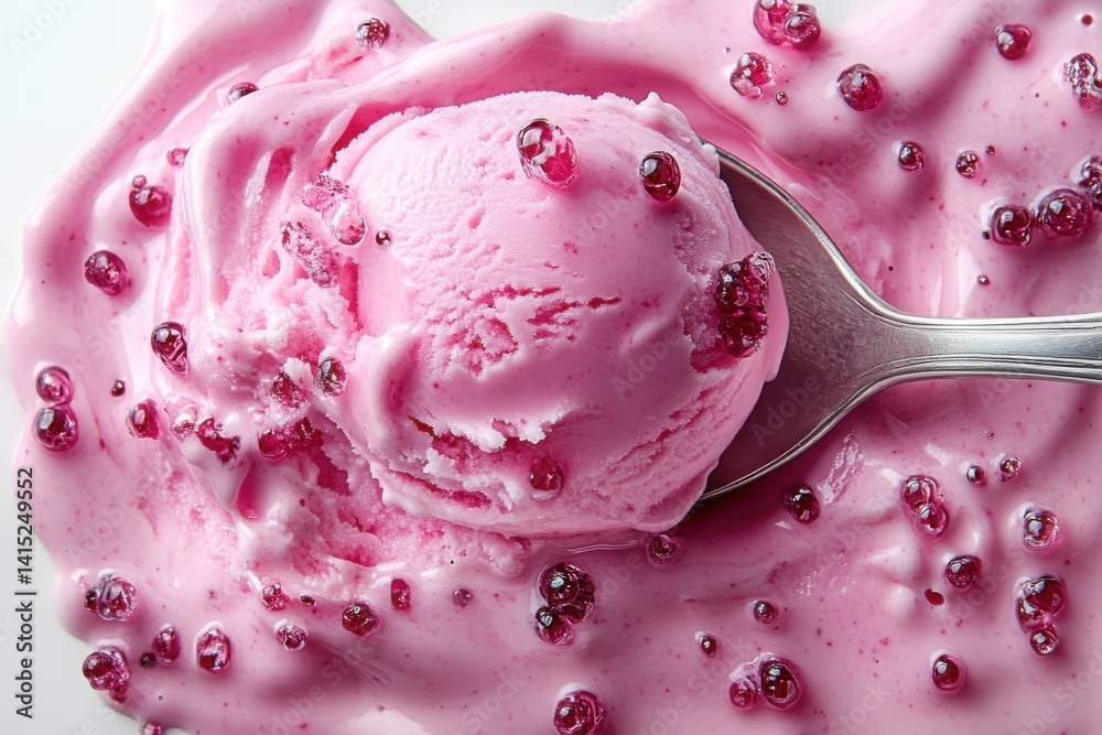 Pink ice cream with small red toppings captured in a close-up shot with a spoon