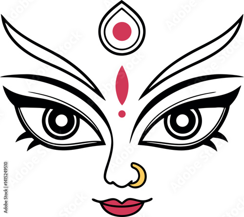 Indian Goddess Face with Sharp Eyes, Gold Nose Ring and Red Markings on White