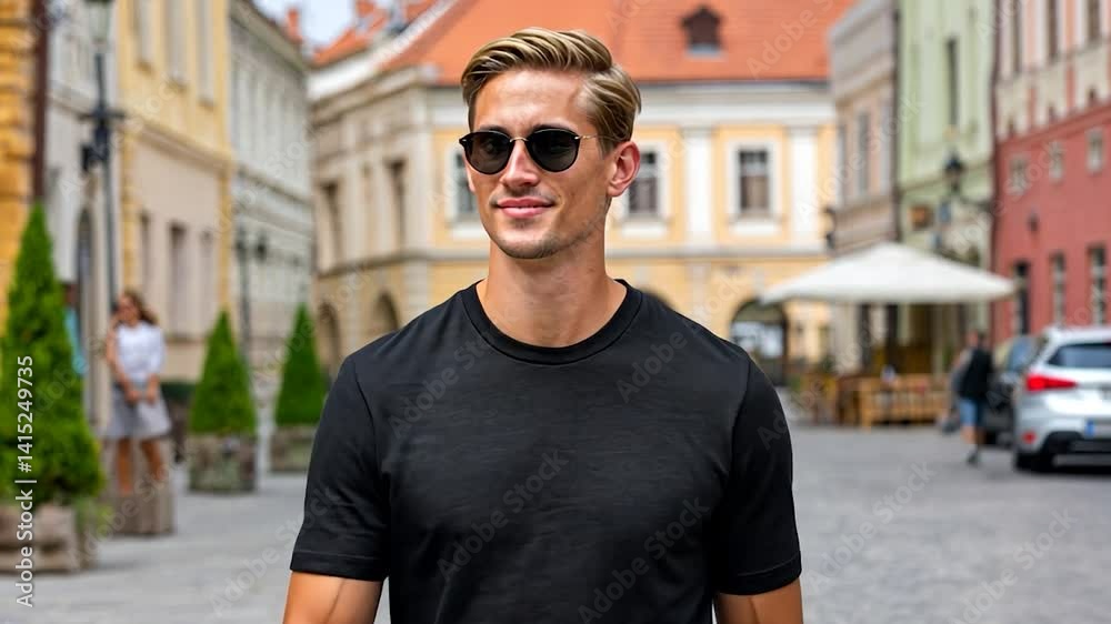 Man in black tee walks sunny city square, sunglasses, buildings Man in black tee walks sunny city square, sunglasses, buildings